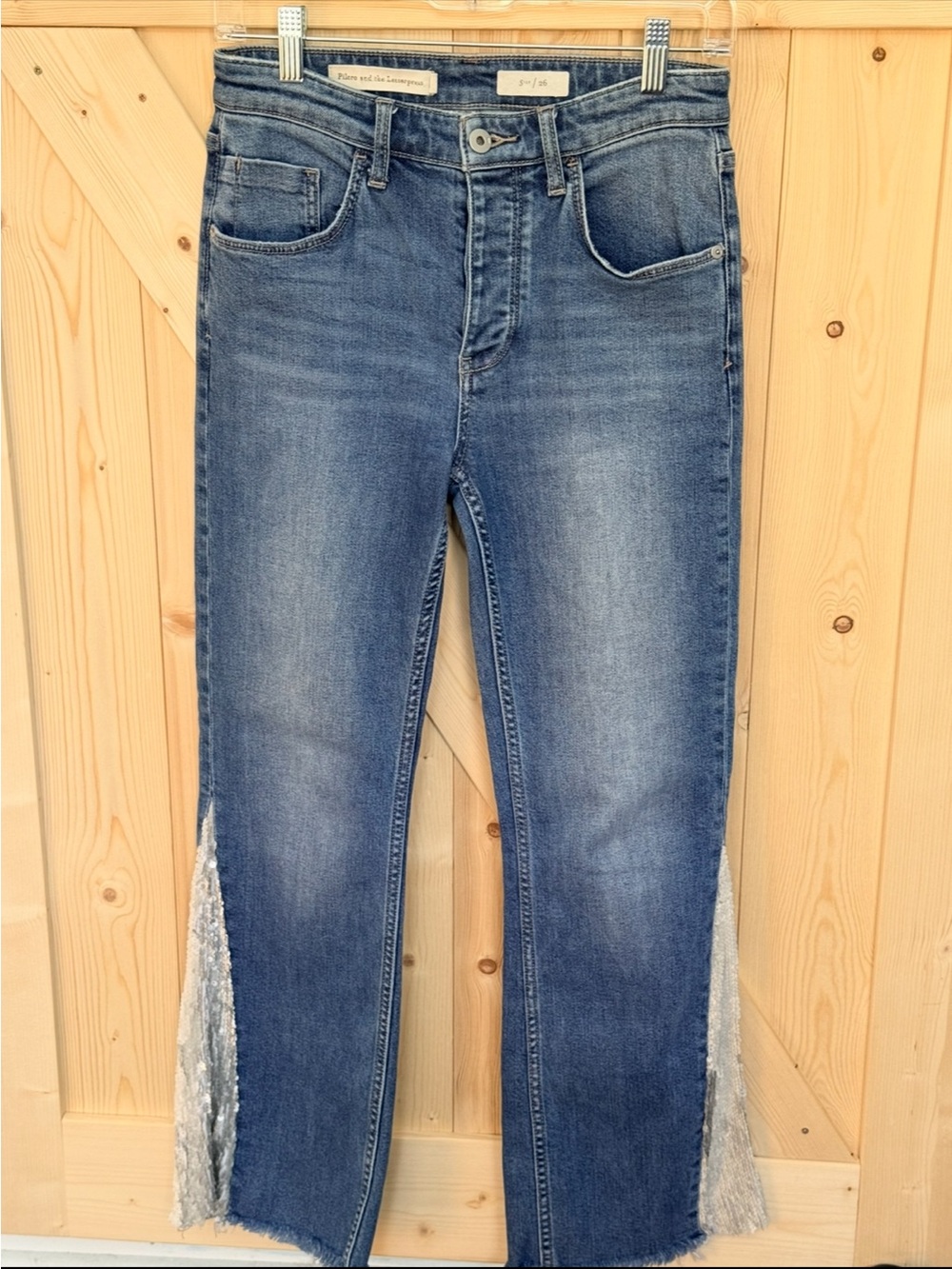 Pilcro and the Letterpress Blue Flare Jeans with Sequin Fringe